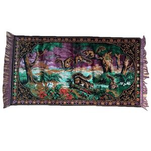 Vtg Italian Velvet Squirrel Forest Tapestry Rug Wall Hanging MCM Fringe 21x40
